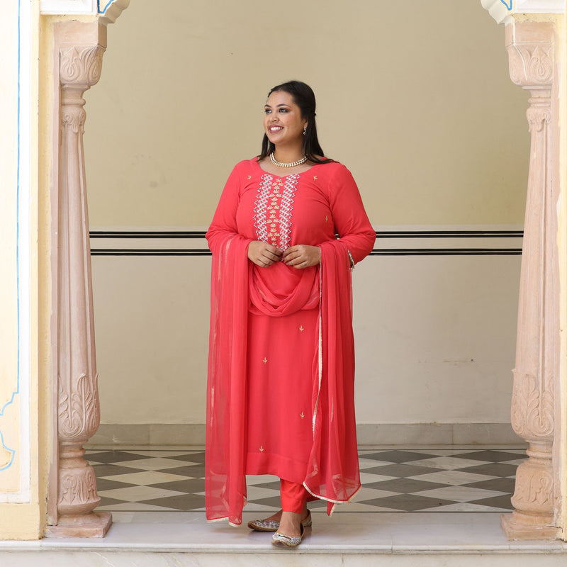 Soft Coral Handwork Pure Georgette Suit Set