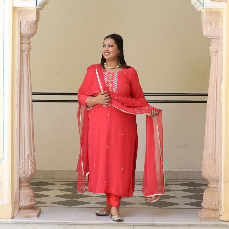 Soft Coral Handwork Pure Georgette Suit Set