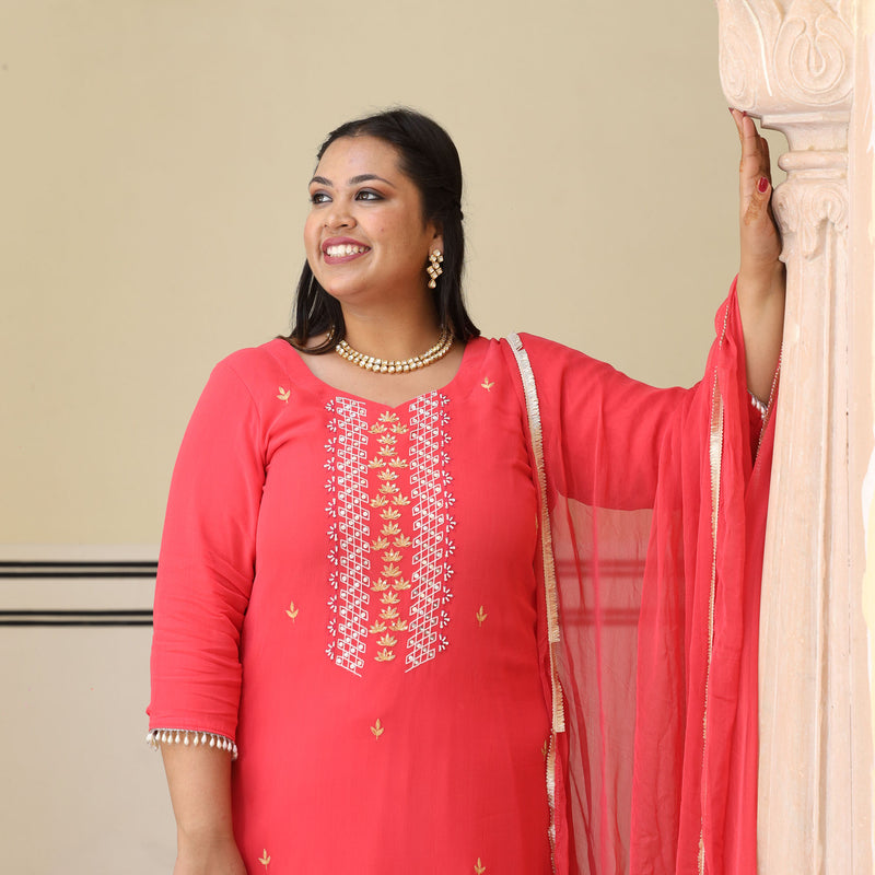Soft Coral Handwork Pure Georgette Suit Set