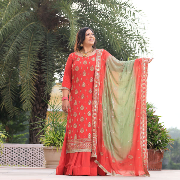 Spiced Pumpkin Embroidered Pure Georgette Skirt Set