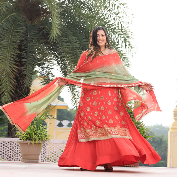 Spiced Pumpkin Embroidered Pure Georgette Skirt Set