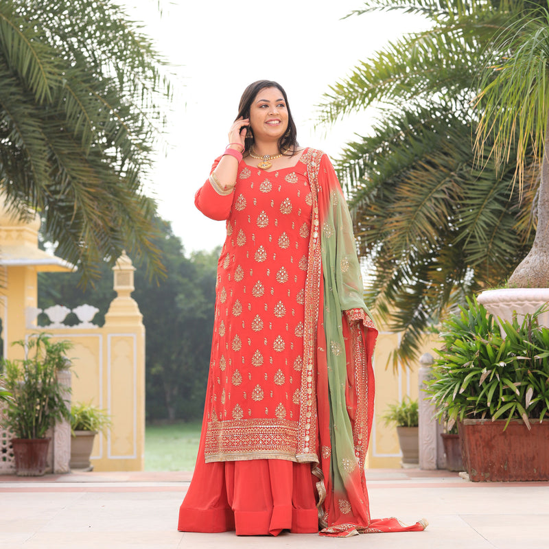 Spiced Pumpkin Embroidered Pure Georgette Skirt Set