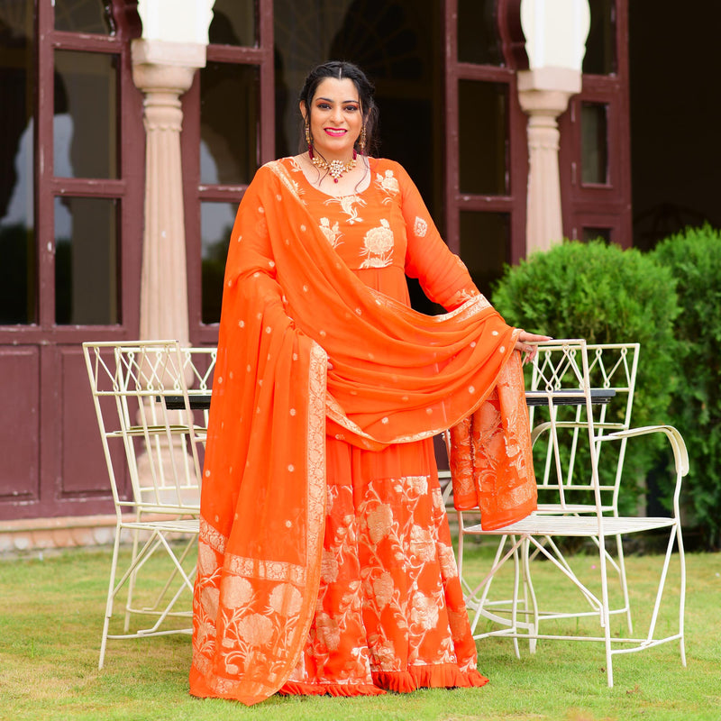 Cosmos Orange Banarasi Anarkali Dress