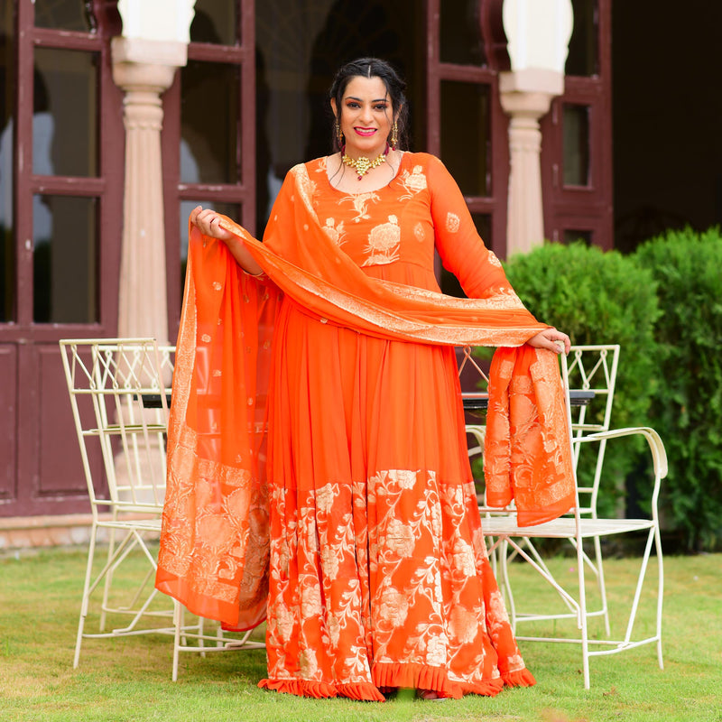 Cosmos Orange Banarasi Anarkali Dress