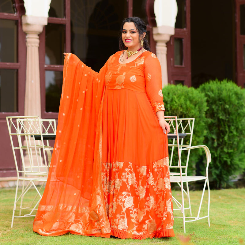 Cosmos Orange Banarasi Anarkali Dress