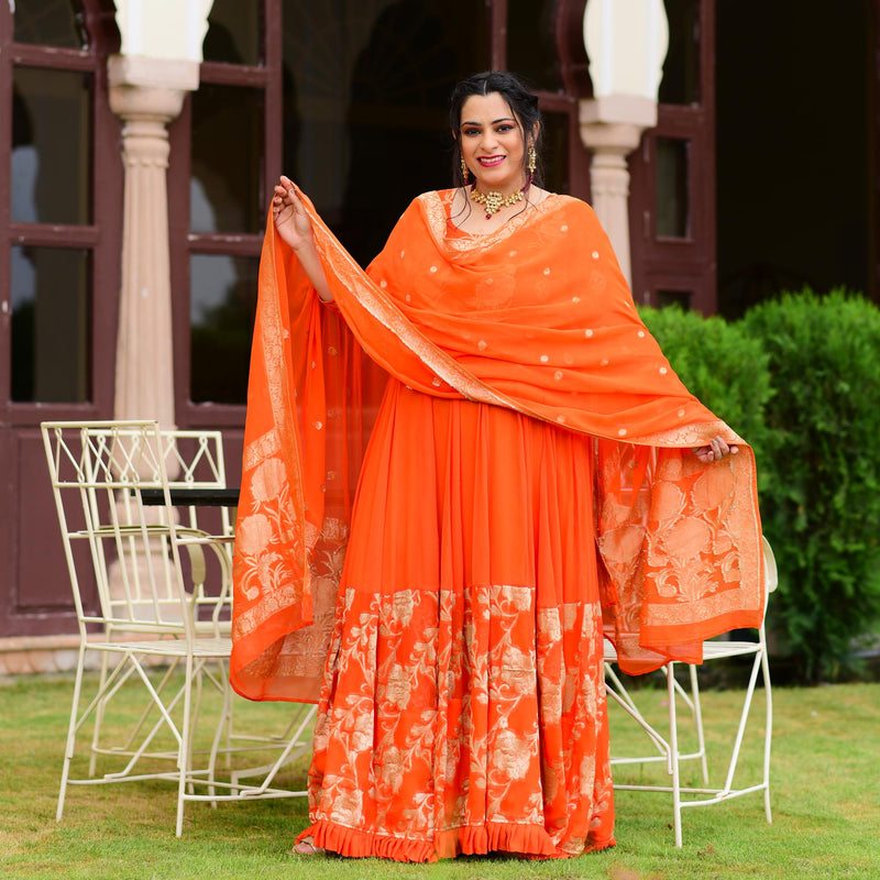 Cosmos Orange Banarasi Anarkali Dress