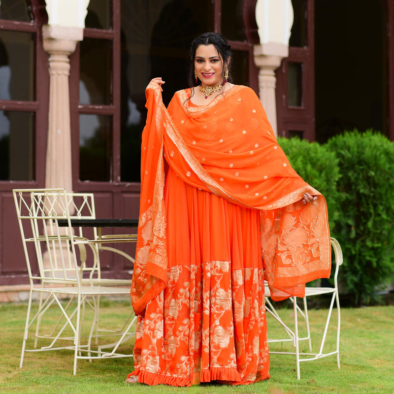 Cosmos Orange Banarasi Anarkali Dress