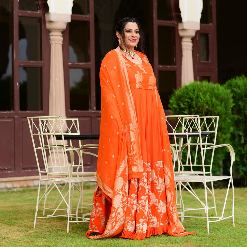 Cosmos Orange Banarasi Anarkali Dress