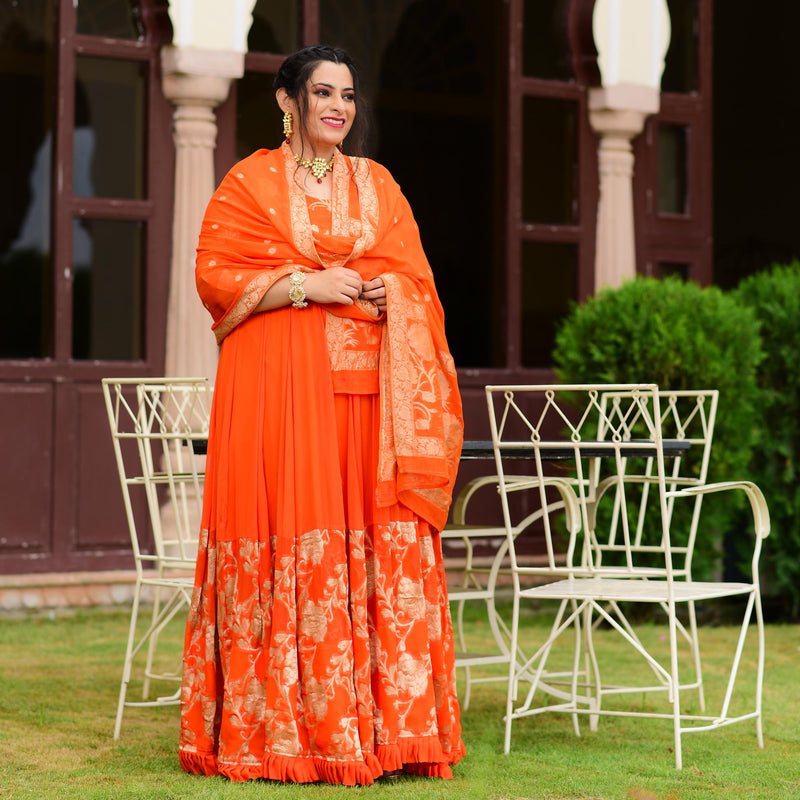 Cosmos Orange Banarasi Anarkali Dress