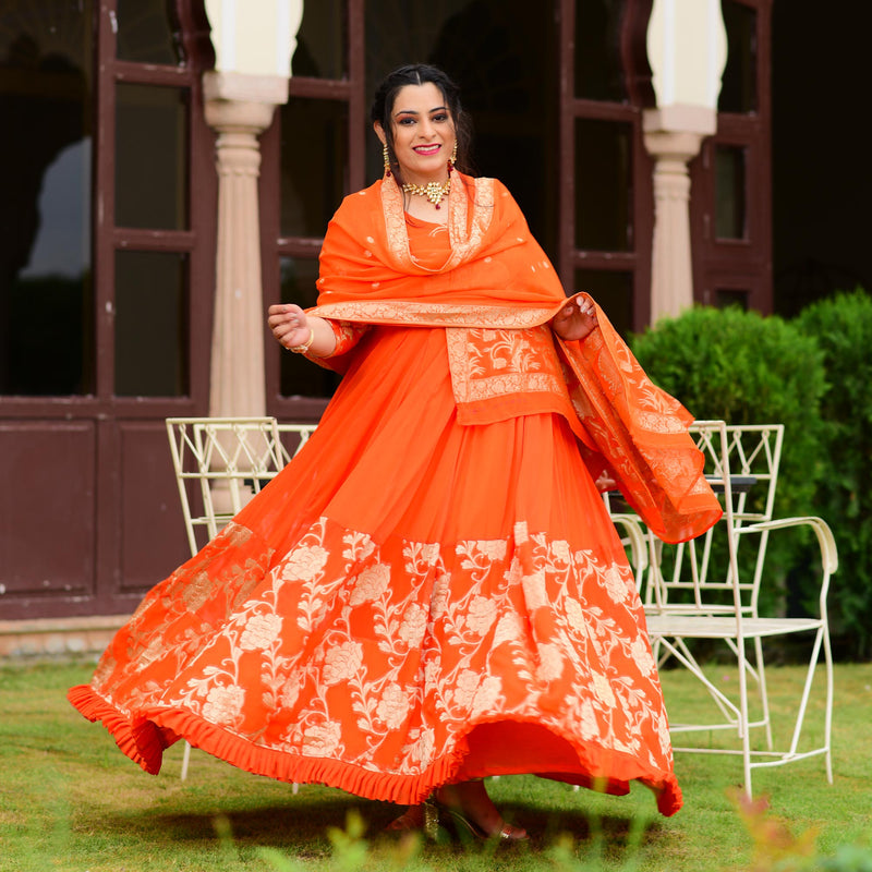 Cosmos Orange Banarasi Anarkali Dress