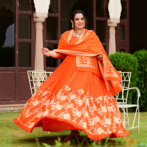 Cosmos Orange Banarasi Anarkali Dress