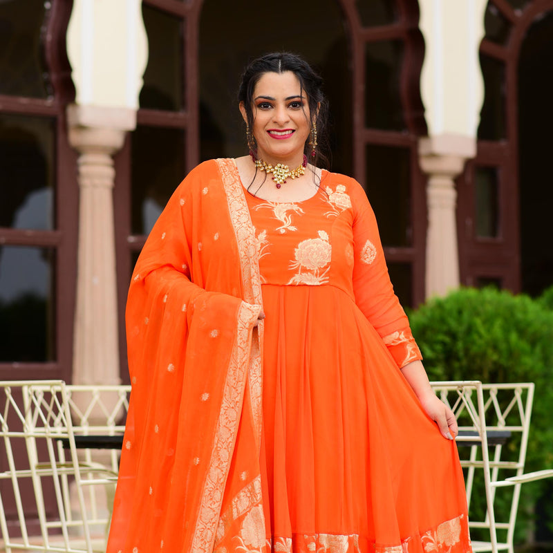 Cosmos Orange Banarasi Anarkali Dress