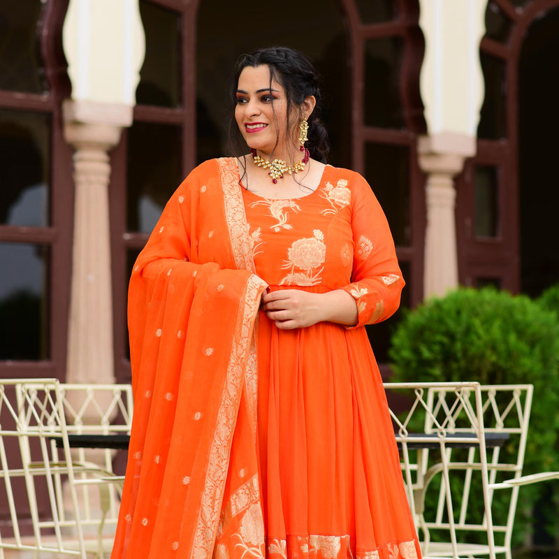 Cosmos Orange Banarasi Anarkali Dress