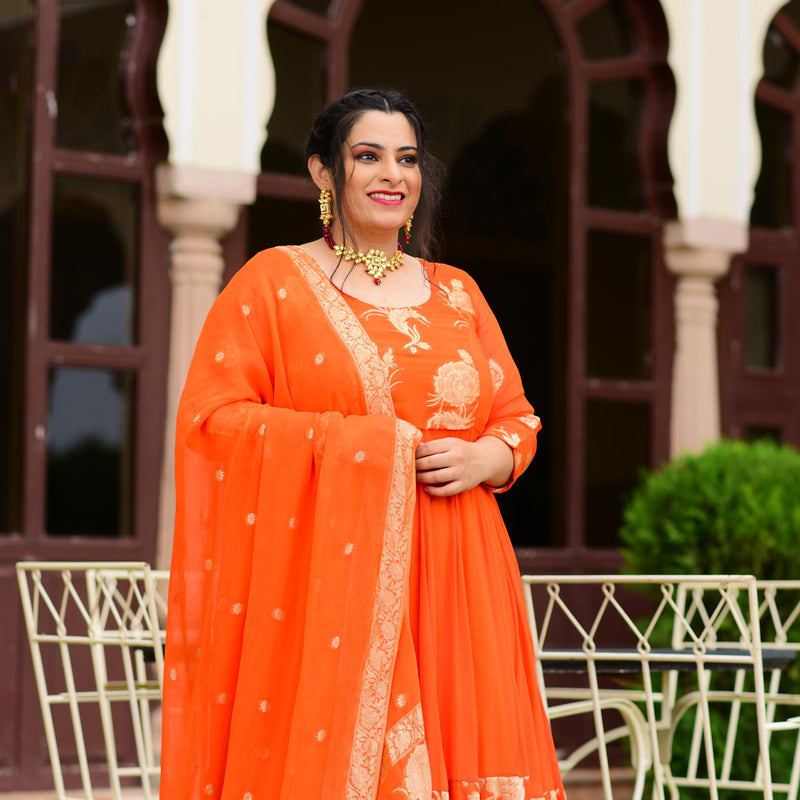 Cosmos Orange Banarasi Anarkali Dress