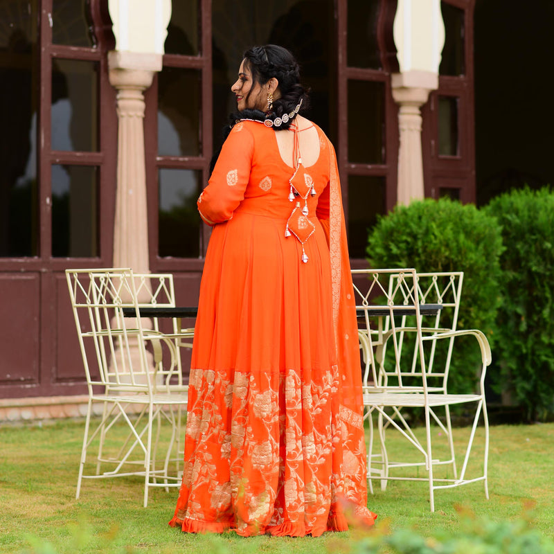 Cosmos Orange Banarasi Anarkali Dress