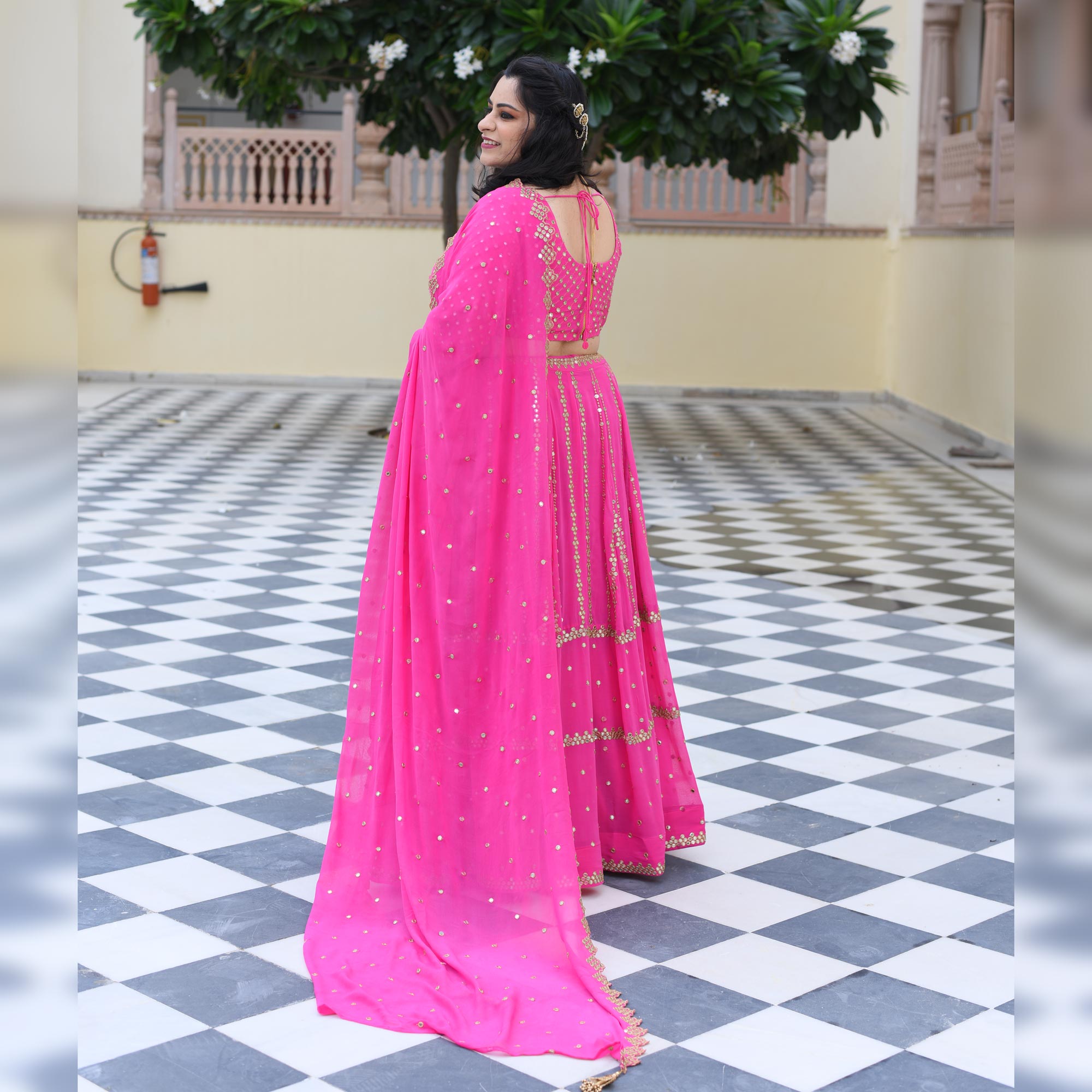 Cerise Pink Mirror Work Lehenga Set