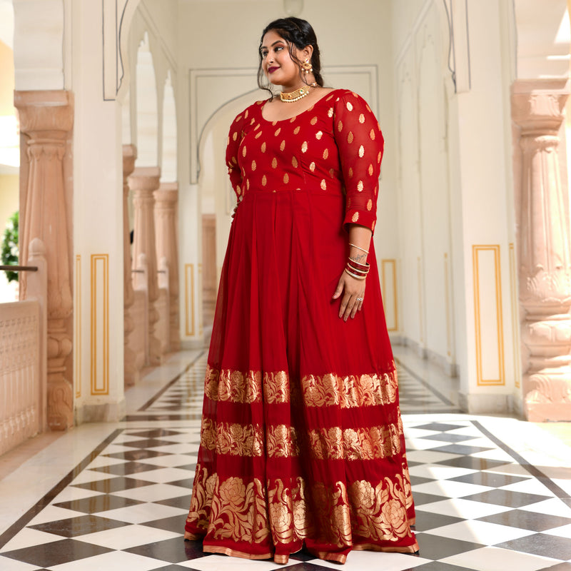 Deep Red & Gold Panelled Banarasi Anarkali