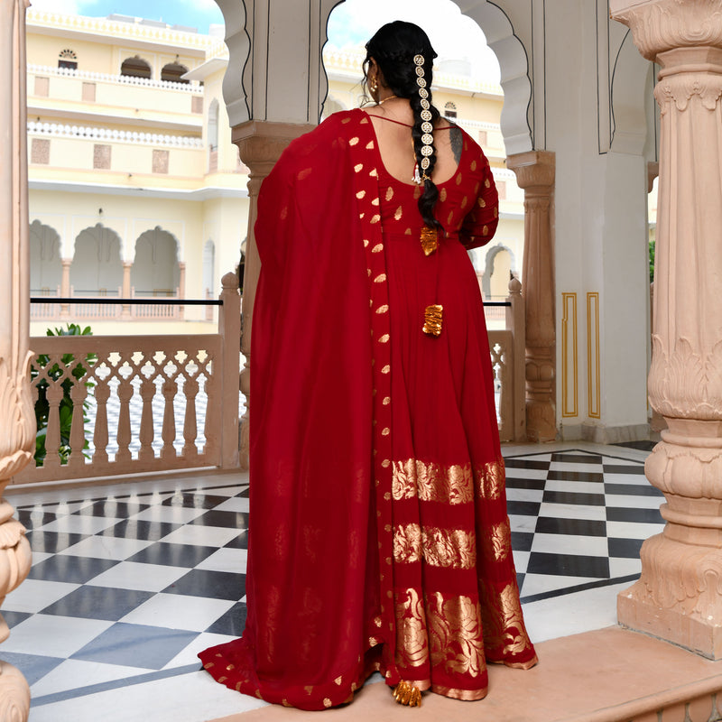 Deep Red & Gold Panelled Banarasi Anarkali