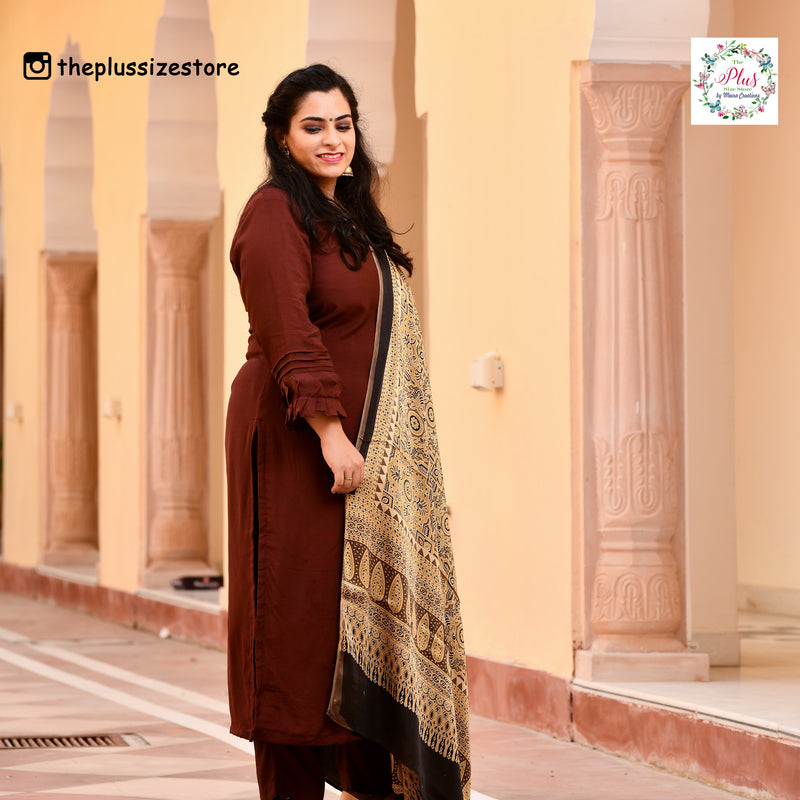 Peanut & Black Ajrakh Modal Satin Dupatta with Lagdi Patta