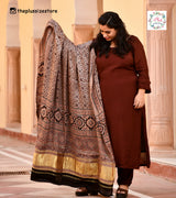 Peanut & Black Ajrakh Modal Satin Dupatta with Lagdi Patta