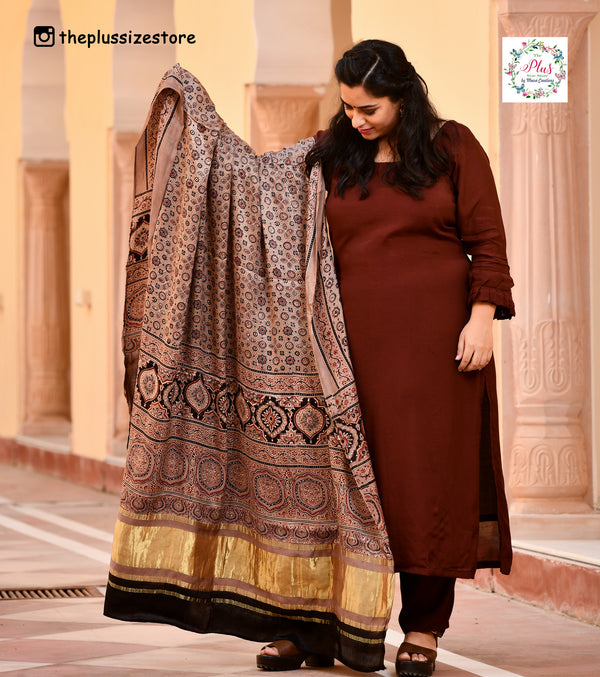 Peanut & Black Ajrakh Modal Satin Dupatta with Lagdi Patta