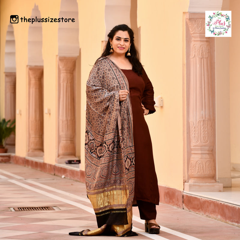 Peanut & Black Ajrakh Modal Satin Dupatta with Lagdi Patta