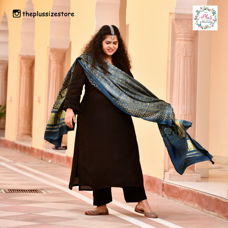 Blue & Lime Ajrakh Modal Satin Dupatta with Lagdi Patta