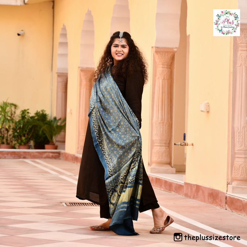 Blue & Lime Ajrakh Modal Satin Dupatta with Lagdi Patta