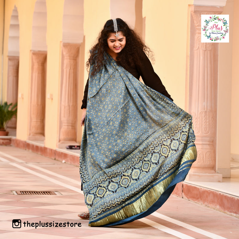 Blue & Lime Ajrakh Modal Satin Dupatta with Lagdi Patta