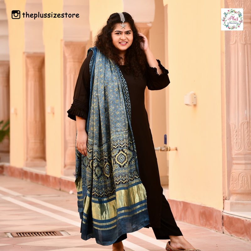 Blue & Lime Ajrakh Modal Satin Dupatta with Lagdi Patta