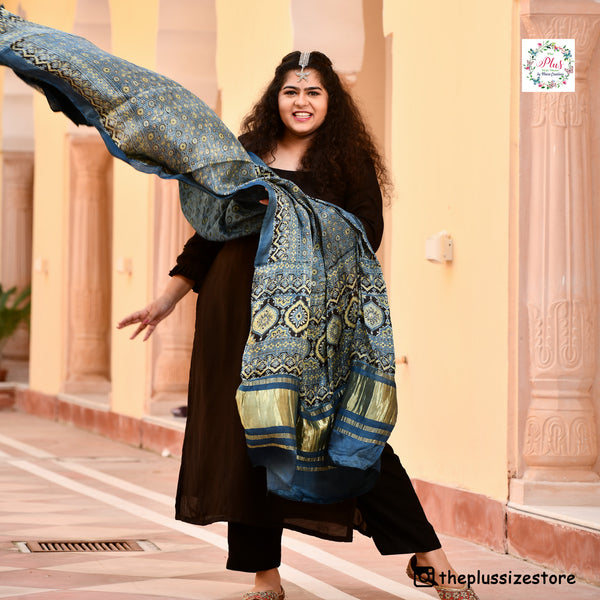 Blue & Lime Ajrakh Modal Satin Dupatta with Lagdi Patta