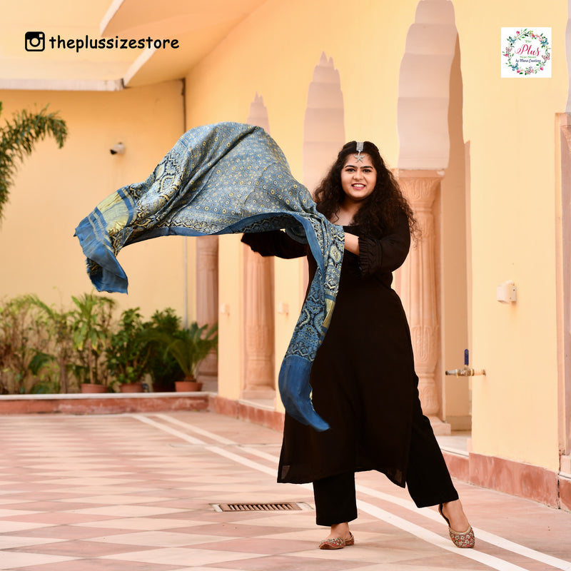 Blue & Lime Ajrakh Modal Satin Dupatta with Lagdi Patta