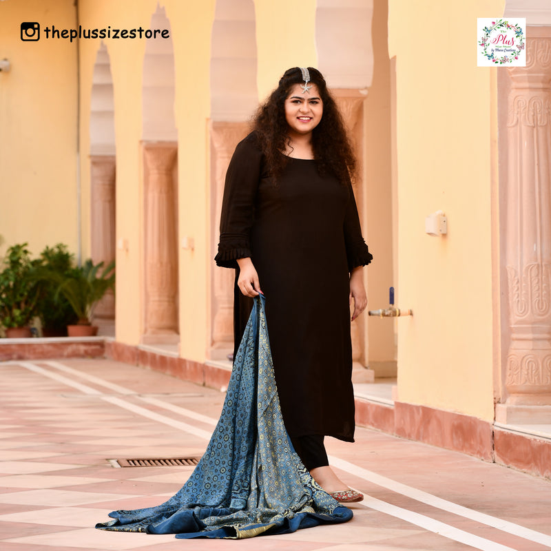 Blue & Lime Ajrakh Modal Satin Dupatta with Lagdi Patta