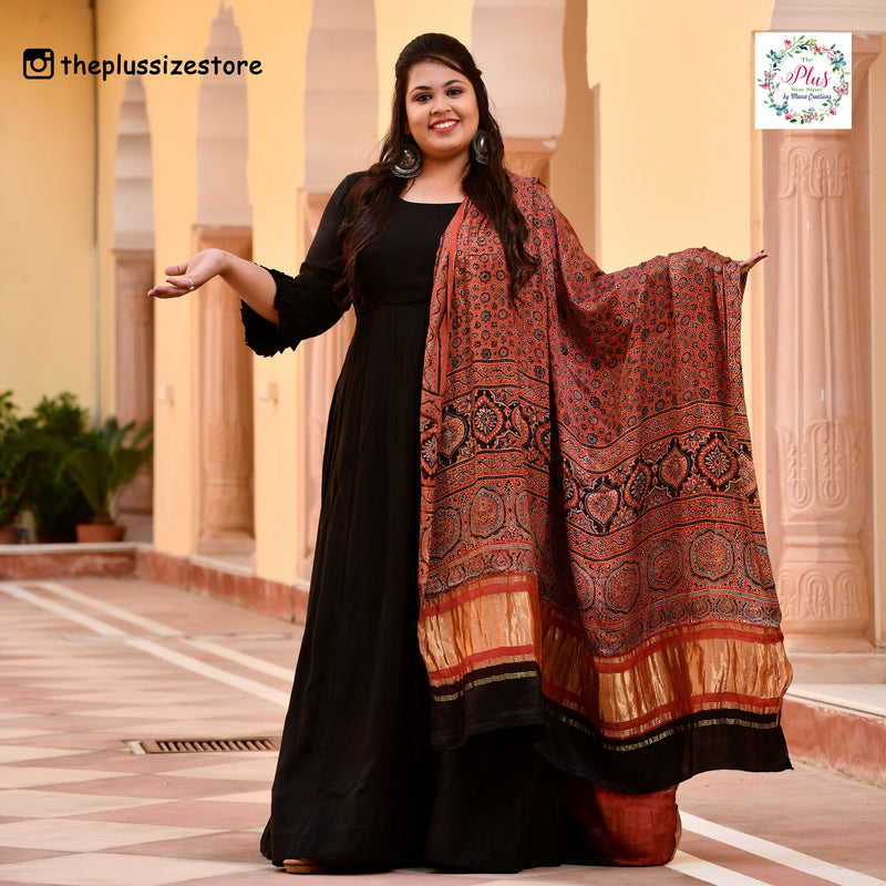 Brick & Blue Ajrakh Modal Satin Dupatta with Lagdi Patta