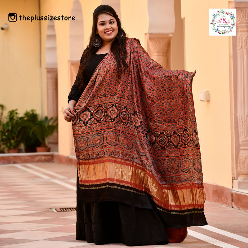 Brick & Blue Ajrakh Modal Satin Dupatta with Lagdi Patta
