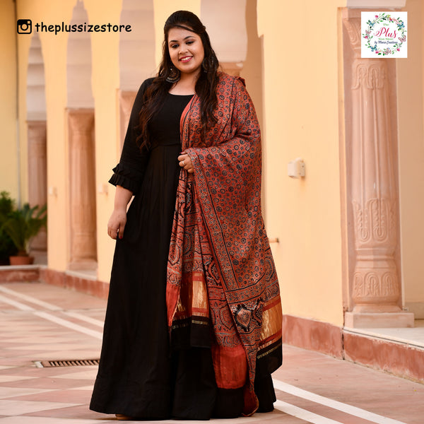 Brick & Blue Ajrakh Modal Satin Dupatta with Lagdi Patta
