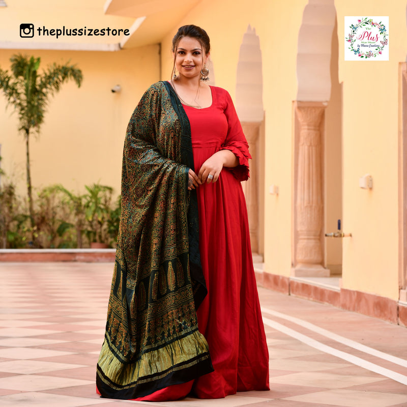 Peacock Green & Lime Ajrakh Modal Satin Dupatta with Lagdi Patta