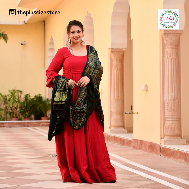 Peacock Green & Lime Ajrakh Modal Satin Dupatta with Lagdi Patta