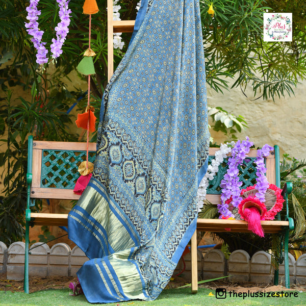 Blue & Lime Ajrakh Modal Satin Dupatta with Lagdi Patta
