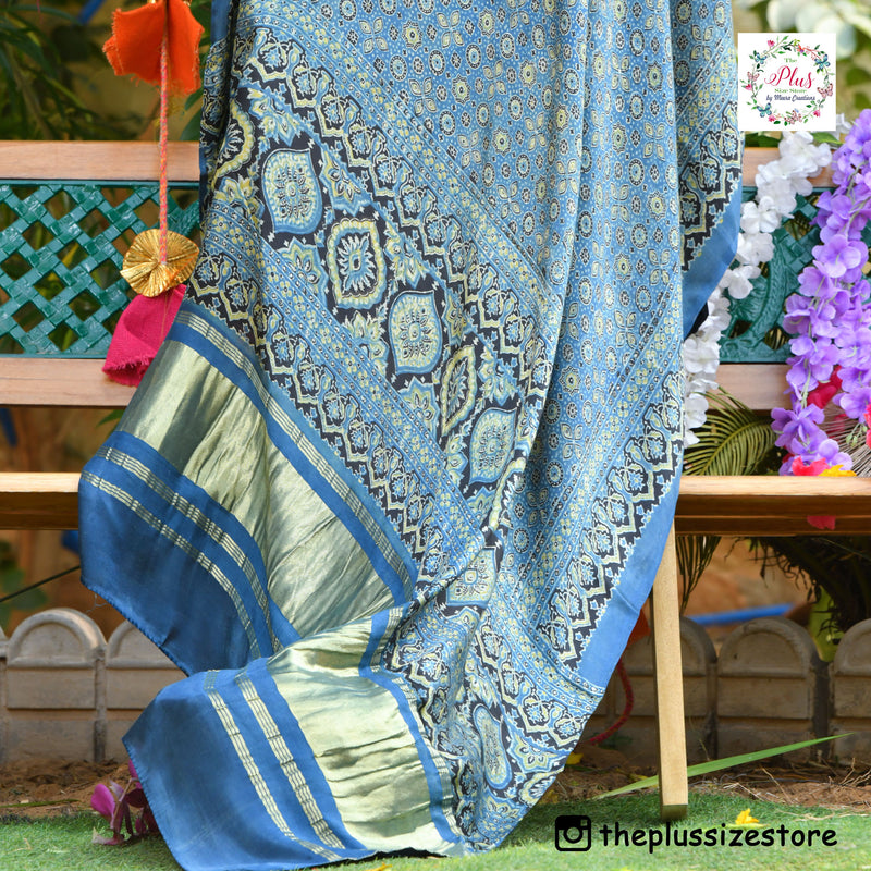 Blue & Lime Ajrakh Modal Satin Dupatta with Lagdi Patta