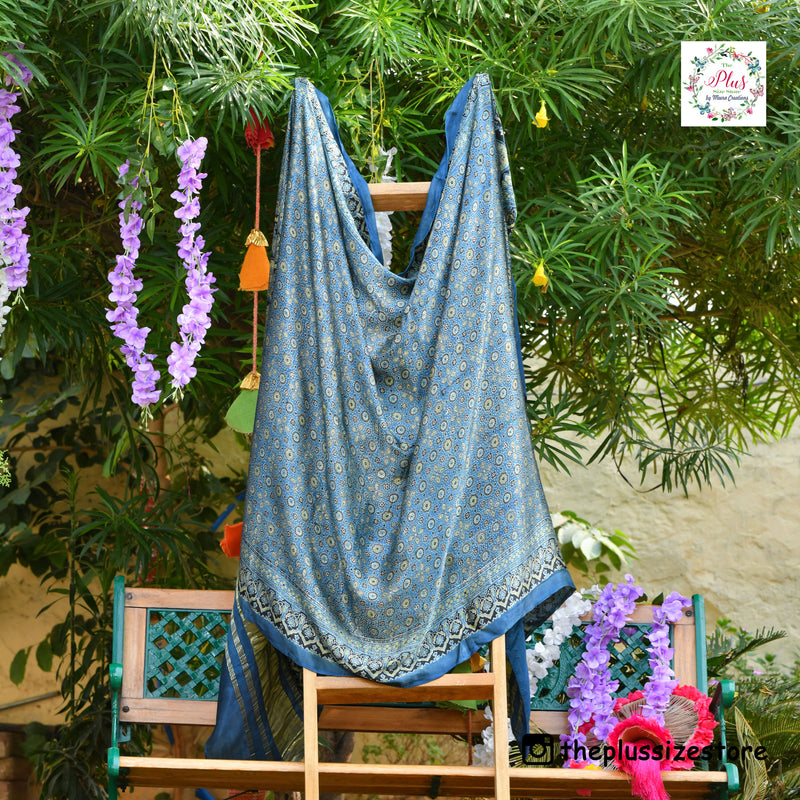 Blue & Lime Ajrakh Modal Satin Dupatta with Lagdi Patta