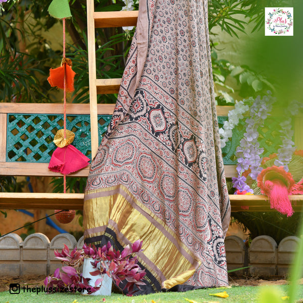 Peanut & Black Ajrakh Modal Satin Dupatta with Lagdi Patta