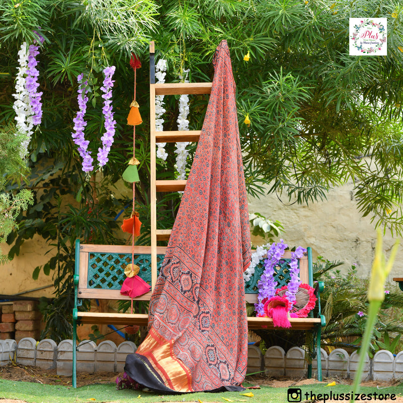 Brick & Blue Ajrakh Modal Satin Dupatta with Lagdi Patta