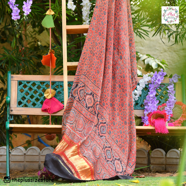 Brick & Blue Ajrakh Modal Satin Dupatta with Lagdi Patta