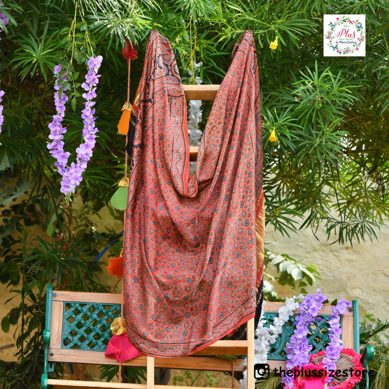 Brick & Blue Ajrakh Modal Satin Dupatta with Lagdi Patta