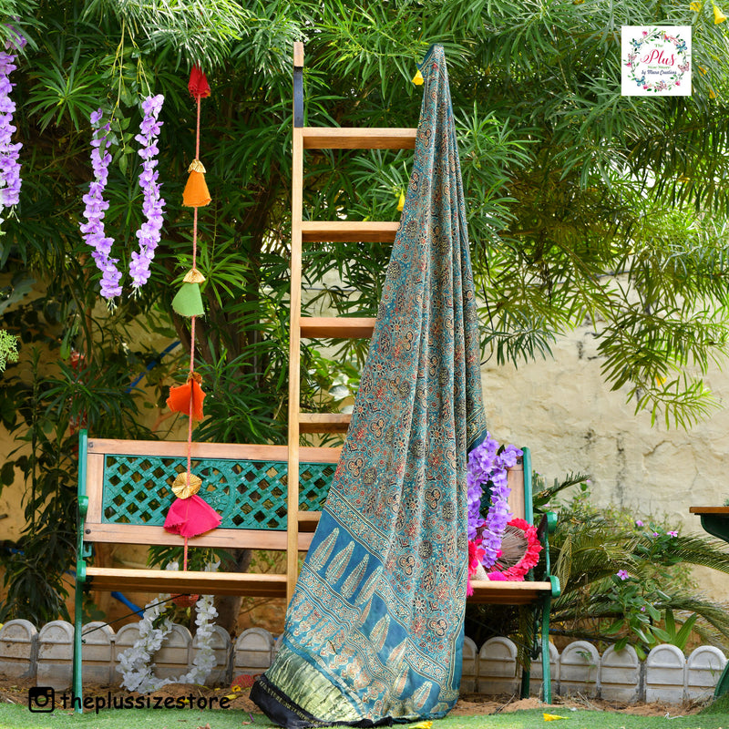 Peacock Green & Lime Ajrakh Modal Satin Dupatta with Lagdi Patta