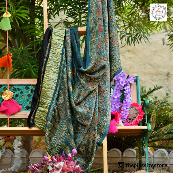 Peacock Green & Lime Ajrakh Modal Satin Dupatta with Lagdi Patta
