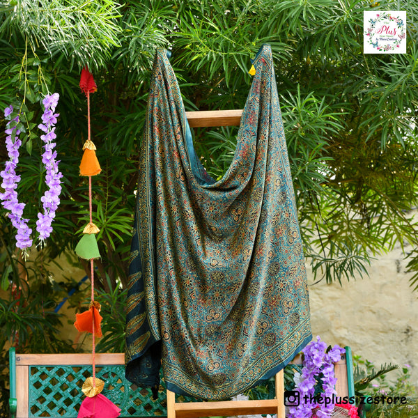 Peacock Green & Lime Ajrakh Modal Satin Dupatta with Lagdi Patta