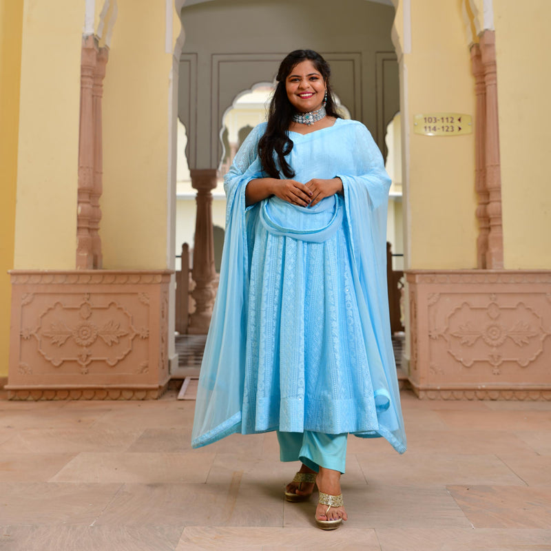 Day Sky Blue Chikan Anarkali