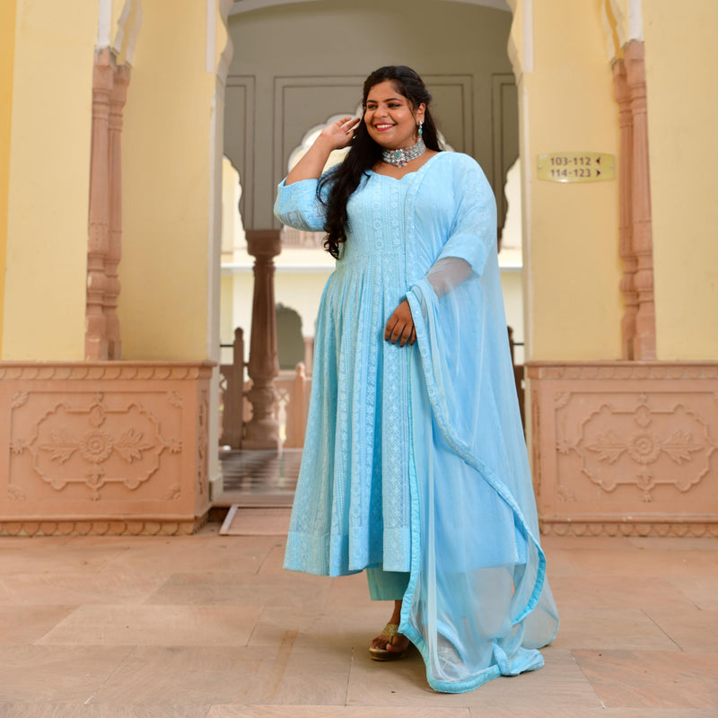 Day Sky Blue Chikan Anarkali